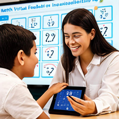 Home 4 **
A student happily engaged with an AI tutor on a tablet. The tutor is depicted as a friendly, helpful virtual assistant, guiding the student through a challenging math problem with interactive visuals and encouraging feedback. The scene emphasizes personalized learning and accessibility.
**