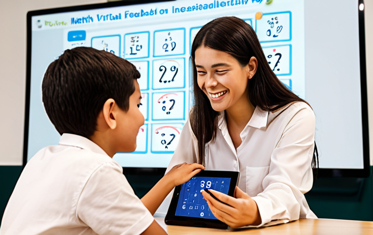 **
A student happily engaged with an AI tutor on a tablet. The tutor is depicted as a friendly, helpful virtual assistant, guiding the student through a challenging math problem with interactive visuals and encouraging feedback. The scene emphasizes personalized learning and accessibility.
**